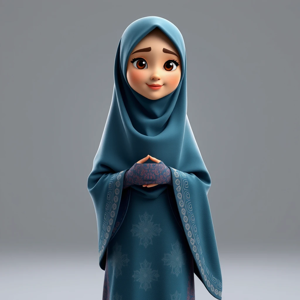 A 3D, 8k animated cartoon depiction of a Muslim woman from Palembang, wearing a traditional long songket and a long gown (gamis). She is adorned with a hijab that covers her chest and wears batik gloves covering her hands. - Image