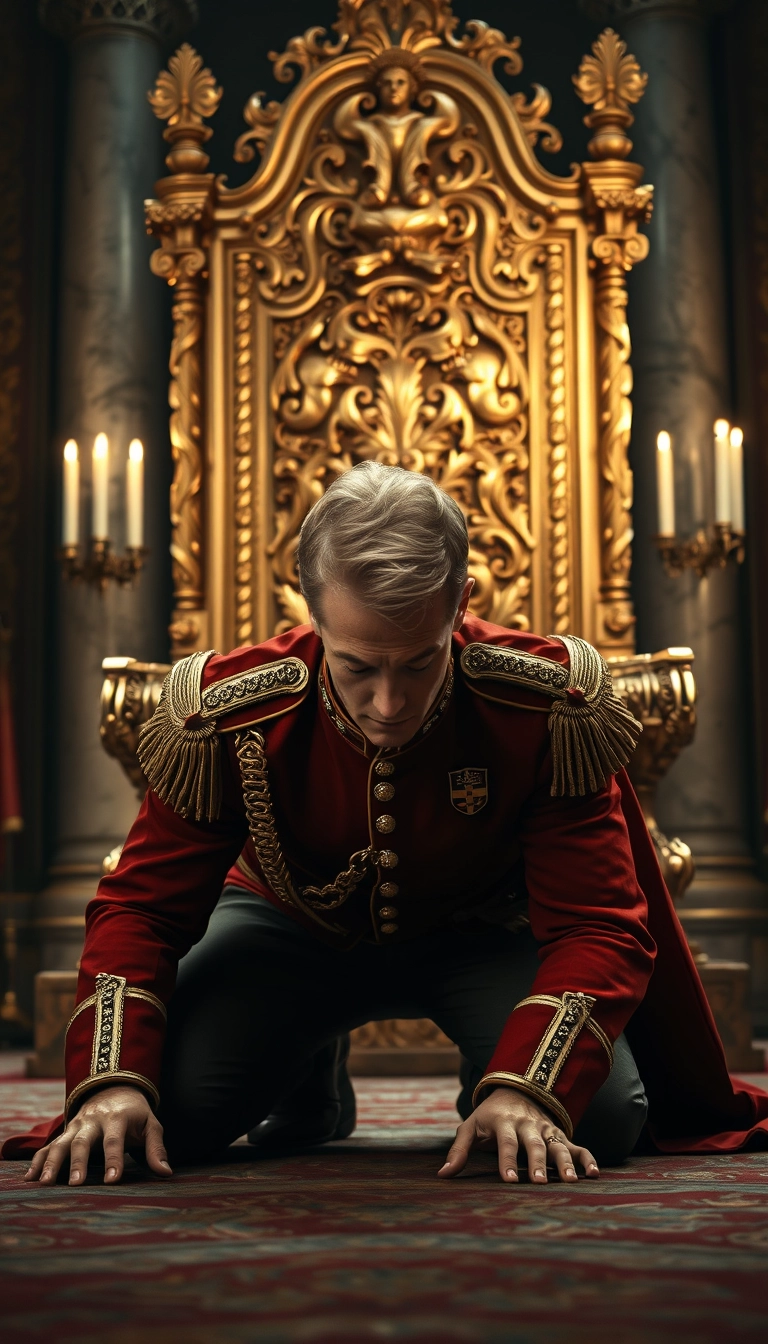 Main Character: A handsome and muscular blond British King with piercing blue eyes, dressed in a meticulously detailed British royal military uniform, is positioned on all fours, his head bowed low to the ground, trembling slightly. His posture conveys a sense of defeat and desperation.

Background: A colossal golden throne, intricately carved with ornate details and shimmering under the soft glow of candlelight, dominates the scene. The throne room is vast and opulent, with towering marble pillars and rich tapestries adorning the walls. A sense of history and power permeates the atmosphere.

Visual Style: The scene should be captured in a professional, cinematic style, reminiscent of historical dramas like "The King's Speech" or "The Crown". The lighting should be dramatic and moody, casting long shadows that emphasize the King's vulnerability and the imposing presence of the throne. The color palette should be rich and regal, with deep reds, golds, and blues dominating the scene. The overall composition should create a sense of tension and drama, highlighting the King's internal struggle and the weight of his responsibilities. The image should be sharp and detailed, showcasing the textures of the King's uniform, the intricate carvings on the throne, and the opulent surroundings.