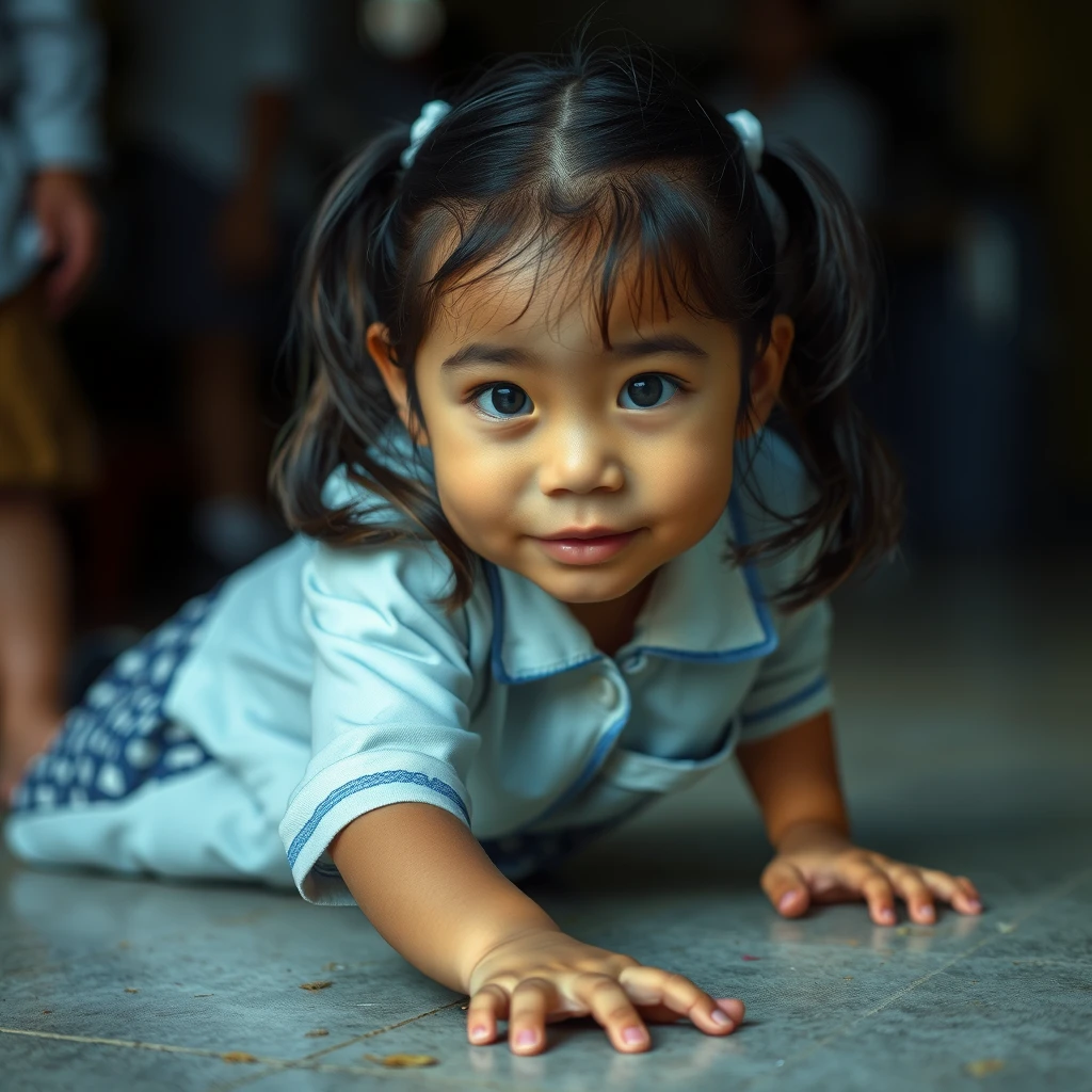 a school girl is crawling on the ground.