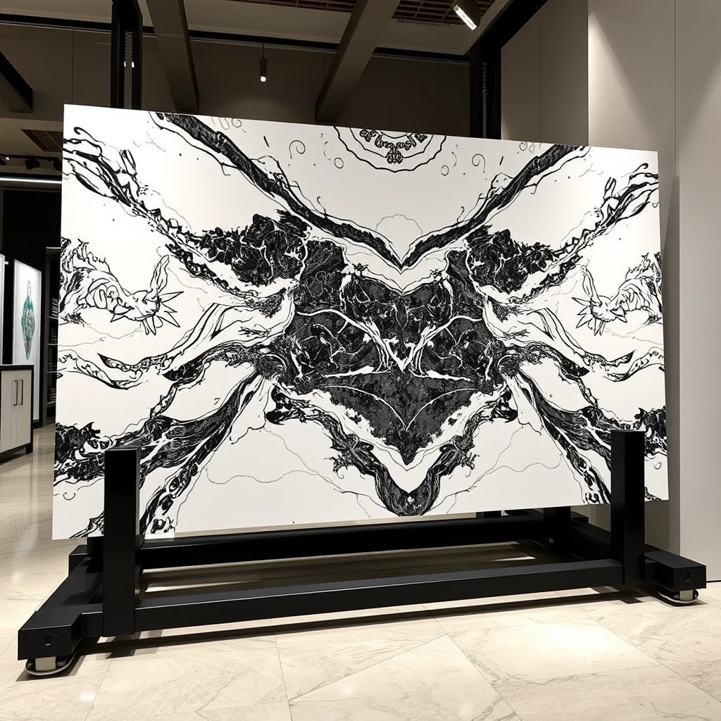 Smart, stylish automated carrier-cum-display system that holds 2 large 4 meter sized, polished marble panels such that one horizontal panel and one vertical marble panel, together form an L-shaped configuration, in the pattern matching orientation, in a professional yet cheerful setting.