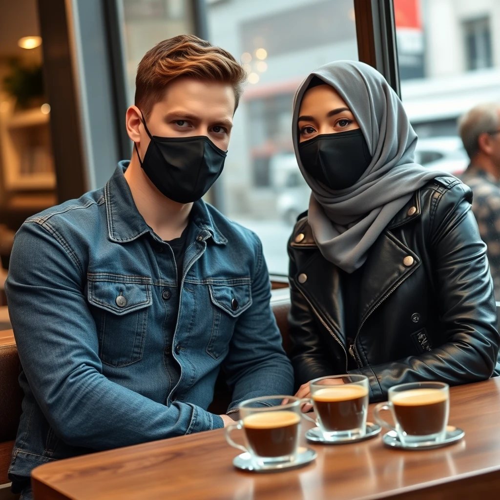 Jamie Dornan's head and body shot, handsome, black face mask, blue jeans jacket, jeans, dating a Muslim girl in a grey hijab, beautiful eyes, black face mask, black leather jacket, biggest tiger pattern skirt, at a cafe, 2 cups of espresso on the table, photorealistic.