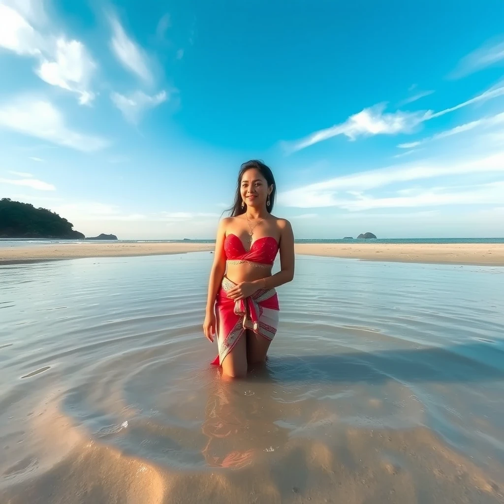 A beautiful Thai woman standing in the water on a lonely beach in Thailand. - Image