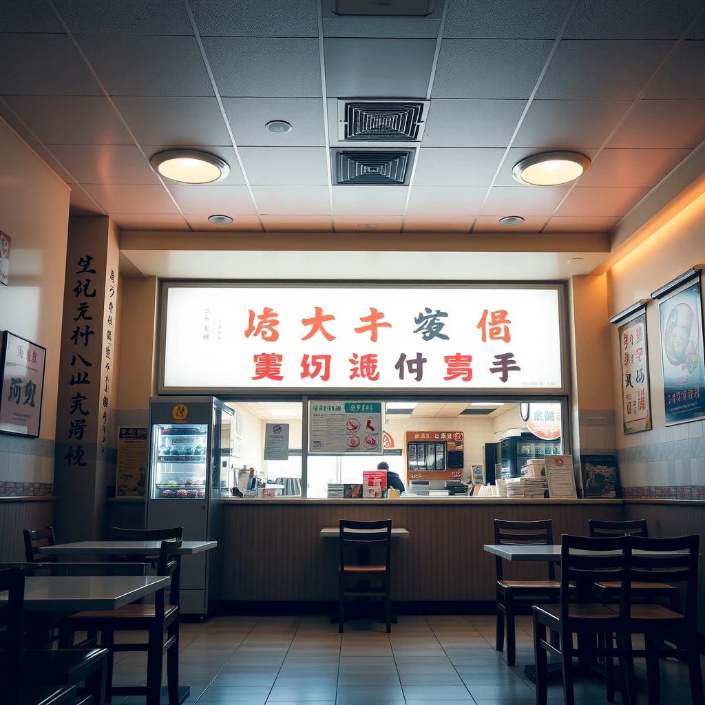 In a bright and spacious restaurant inside, there are Chinese characters, but no Japanese language.