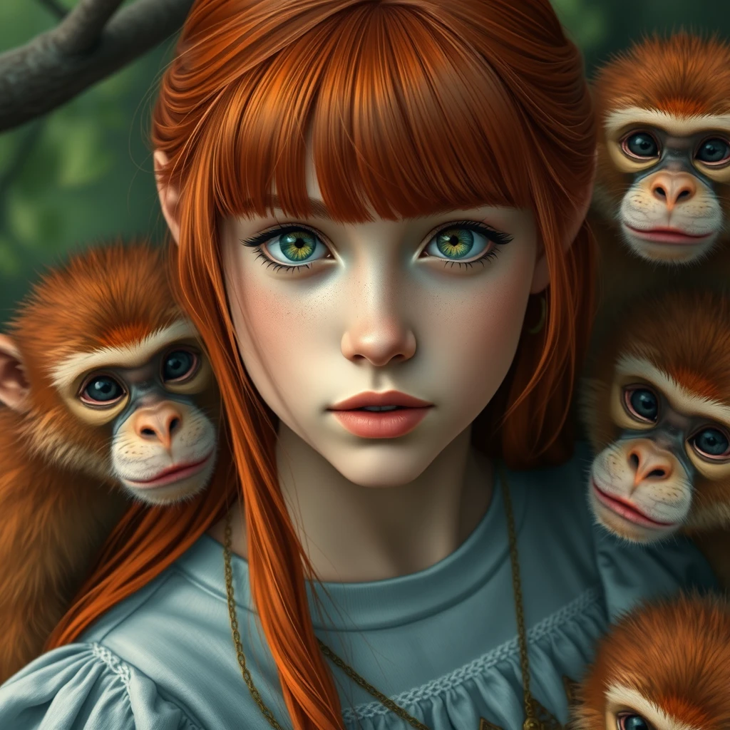 Redhead teenage girl with bangs, green eyes, long hair being the princess of the monkeys. - Image