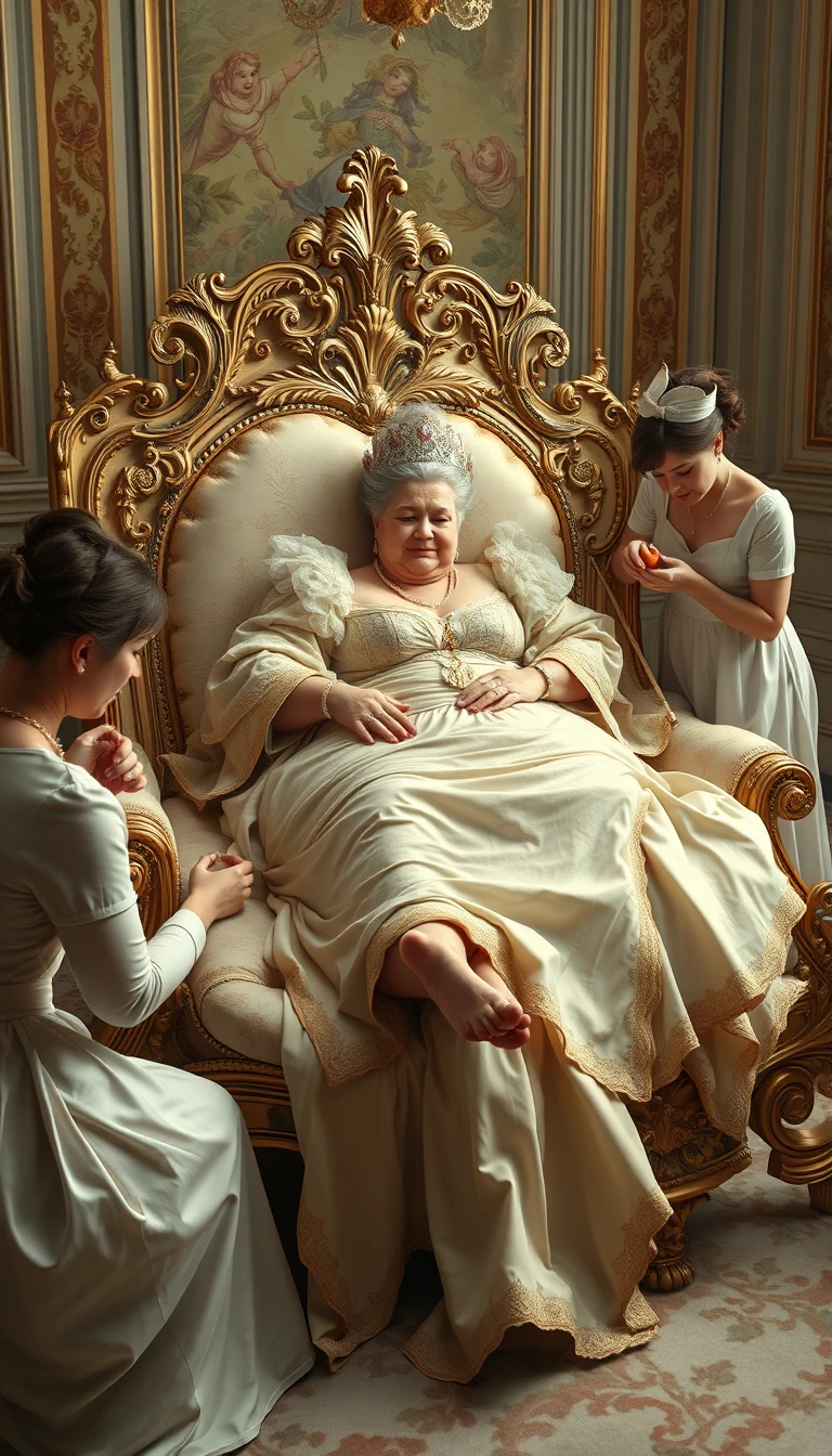 The plump queen reclines on a luxurious and exquisite chaise lounge, with some palace maids giving her back massages, some feeding her fruit, some doing her nails, and some massaging her feet. - Image