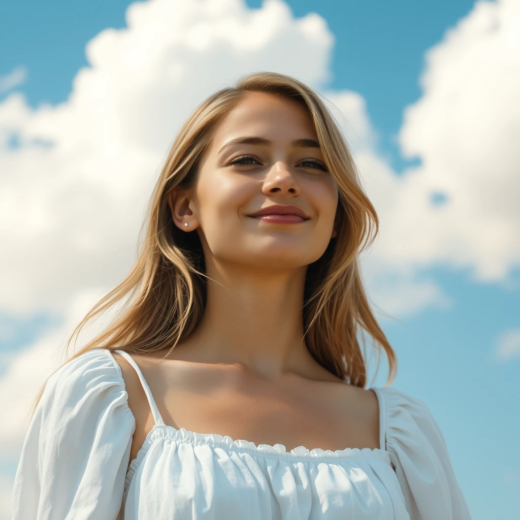 A serene, blissful scene of a young woman in a white dress. The scene feels authentic and unpolished, informal. The subject has natural beauty; counter to the plastic surgery so often seen. A few strands of light blonde frame the sides of her eyes. The fluffy clouds decorate the clear blue sky.