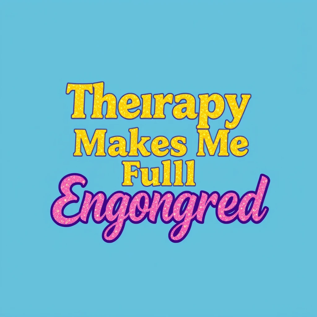 T-shirt design of fantastic vibrant glittery but ethereal text that says "Therapy Makes Me Fully Engorged".