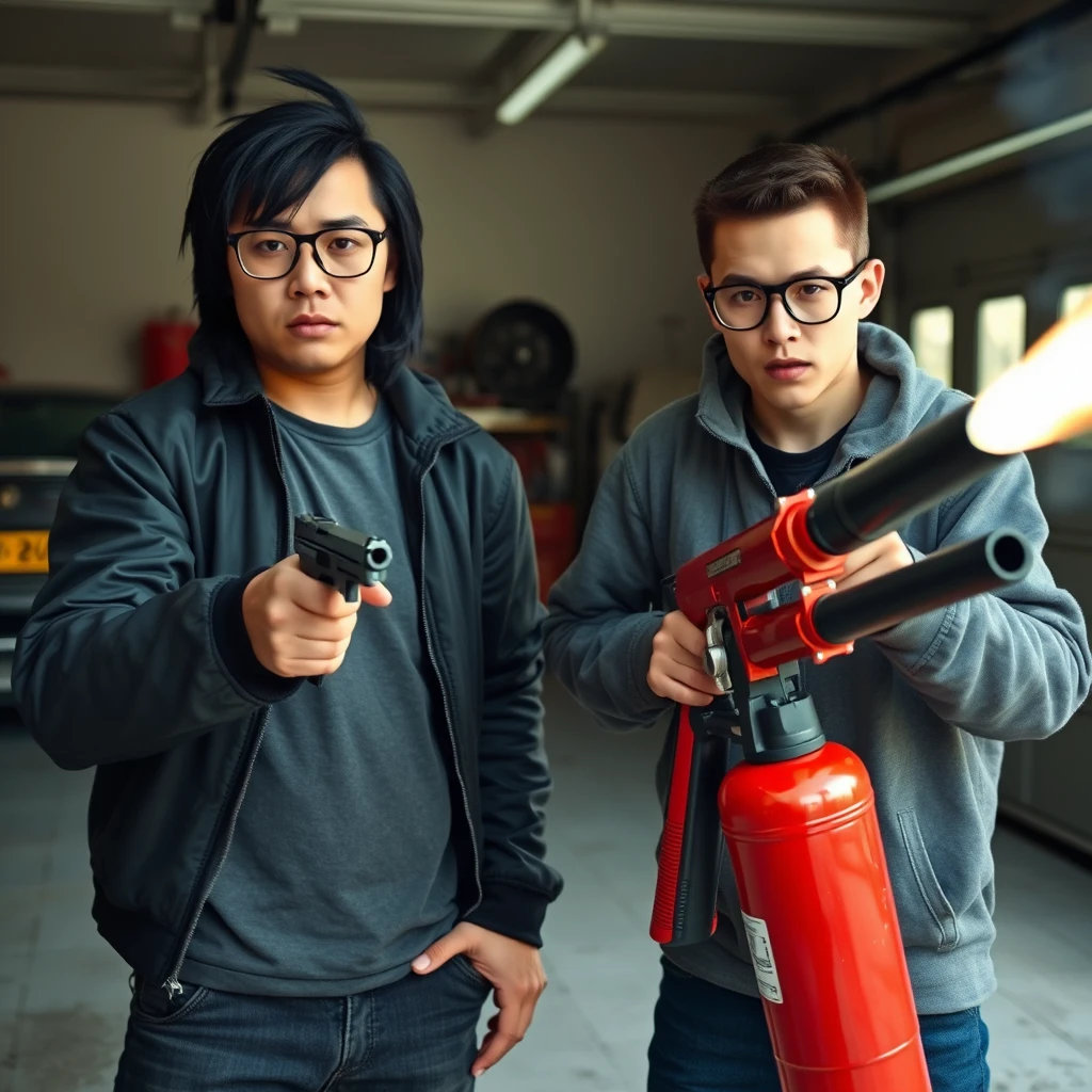 2 person setting, "21 year old northern Chinese thin long face man wearing square glasses, mid/long black mullet hair, holding pistol" and "21 year old young white Italian man wearing round glasses, short hair, holding very large fire extinguisher flamethrower", garage setting, both angry.