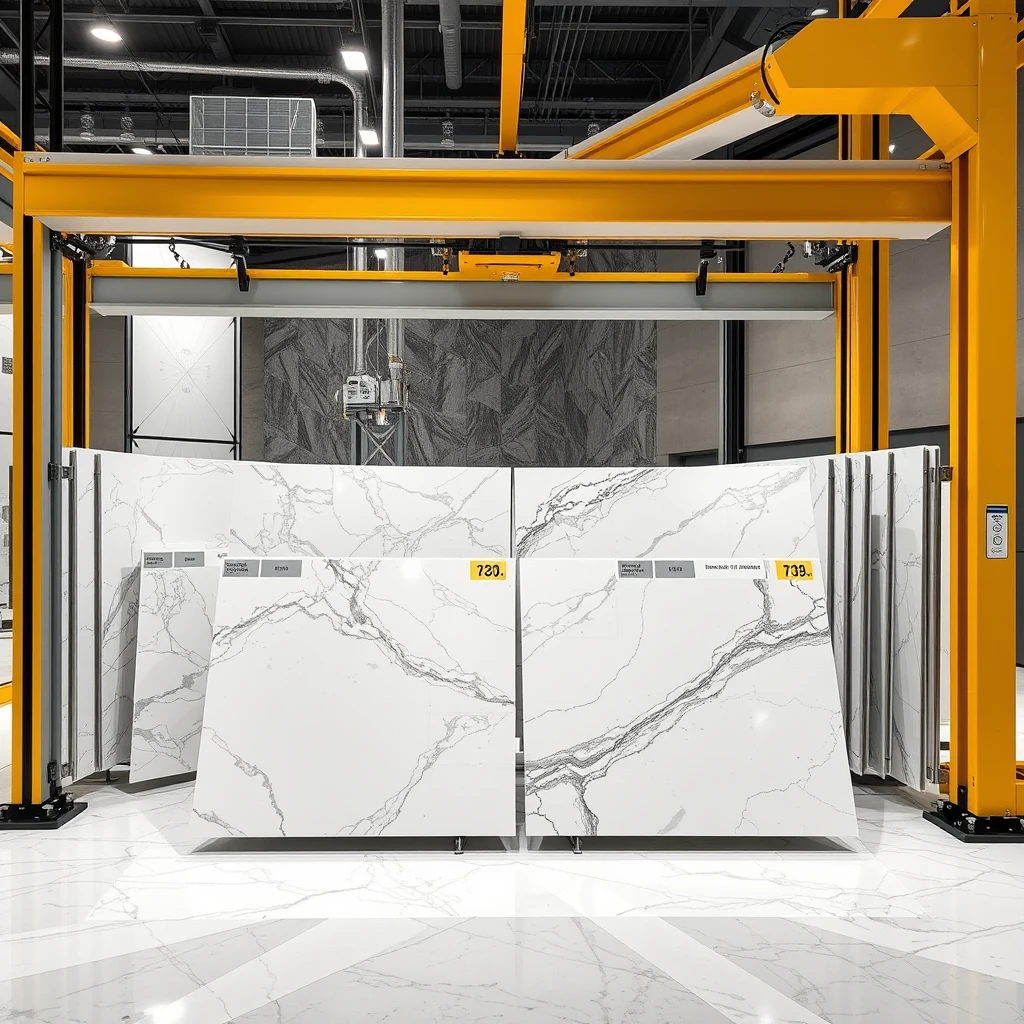 Smart, stylish automated display system that can hold large 4-meter sized, polished marble panels such that the marble panels can be carried up to the display arena using a combination of overhead rails and AGVs, and upon arrival automatically arranged into 6 sets of L-shaped bookmatch format, for the best viewing experience.