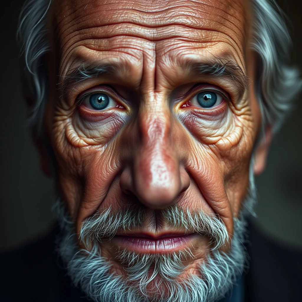 Close-up portrait of an elderly man, his face a canvas of deep wrinkles and weathered skin. Piercing blue eyes gaze directly at the camera, reflecting a lifetime of experiences. Silver hair and a well-groomed beard frame his features. Shot with an 85mm lens at f/1.8 for shallow depth of field, isolating his face against a soft, out-of-focus background. Dramatic Rembrandt lighting emphasizes texture and creates a chiaroscuro effect. Color grading leans towards cool tones, enhancing the silver of his hair and the blue of his eyes. - Image