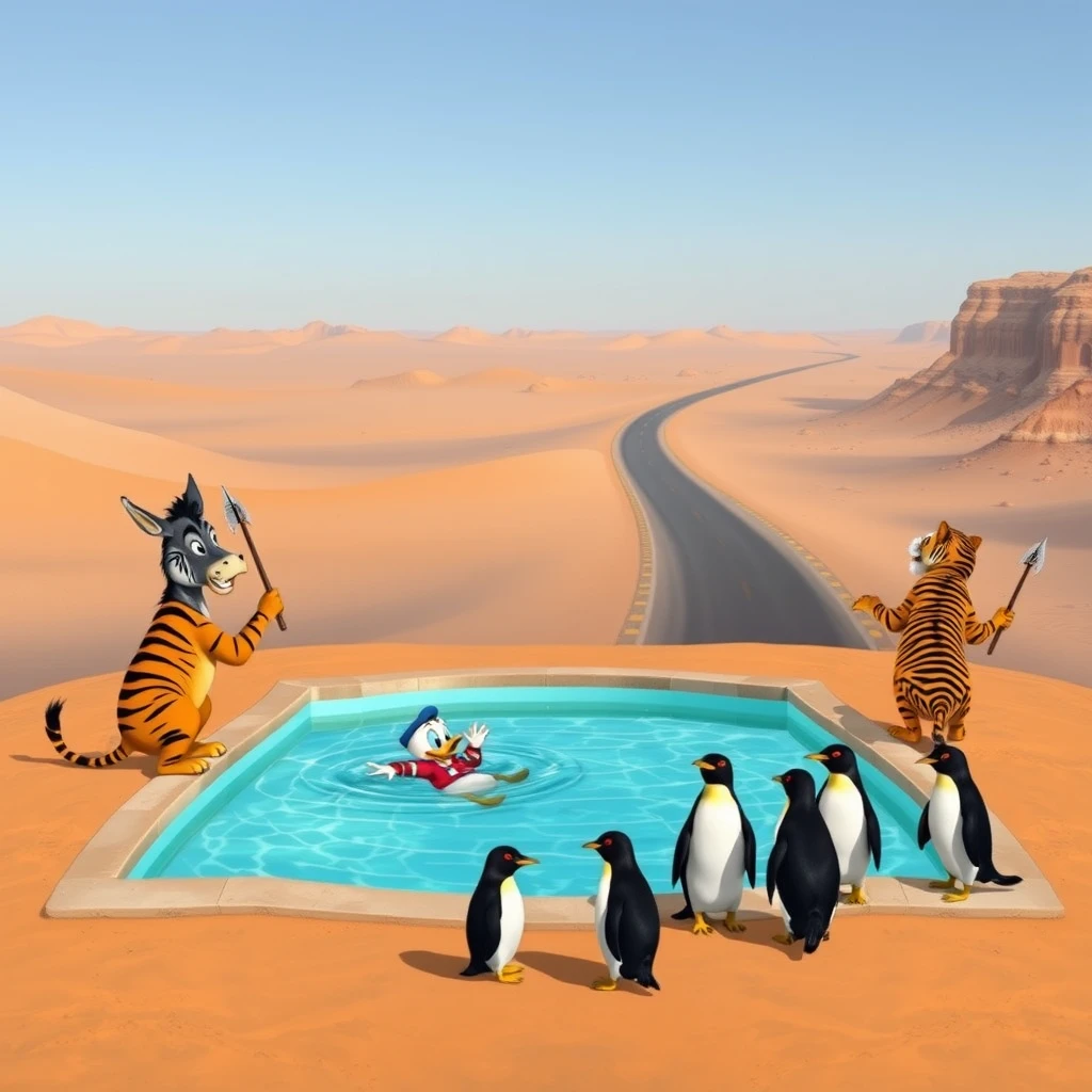 In an endless desert, a donkey and Donald Duck are very cozy lying in a clear swimming pool. Two tigers with halberds stand around the pool as guards. Not far from the swimming pool, there is an endless road, where a few penguins are heavily burdened on the road. The duck and donkey are mocking the penguins.