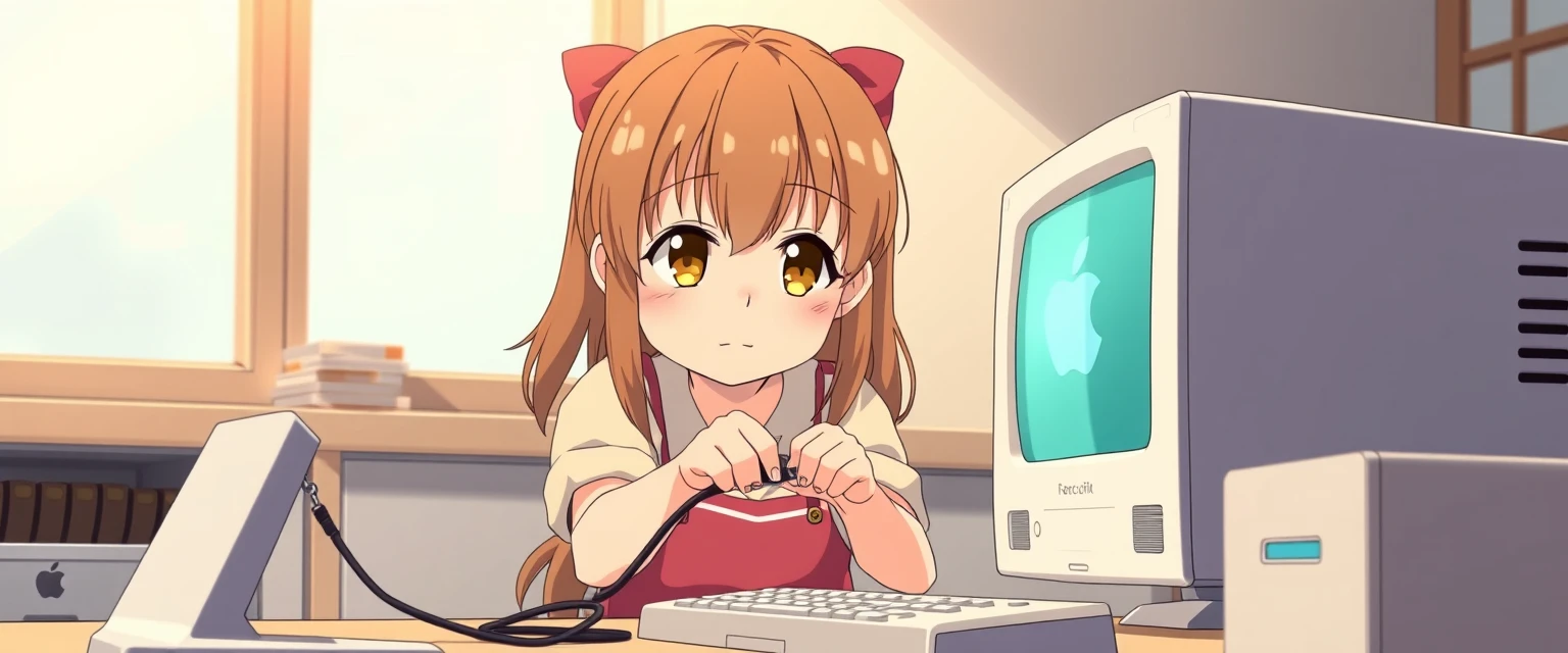 A young girl repairing an Apple computer in Japanese animation style. 16:9 - Image