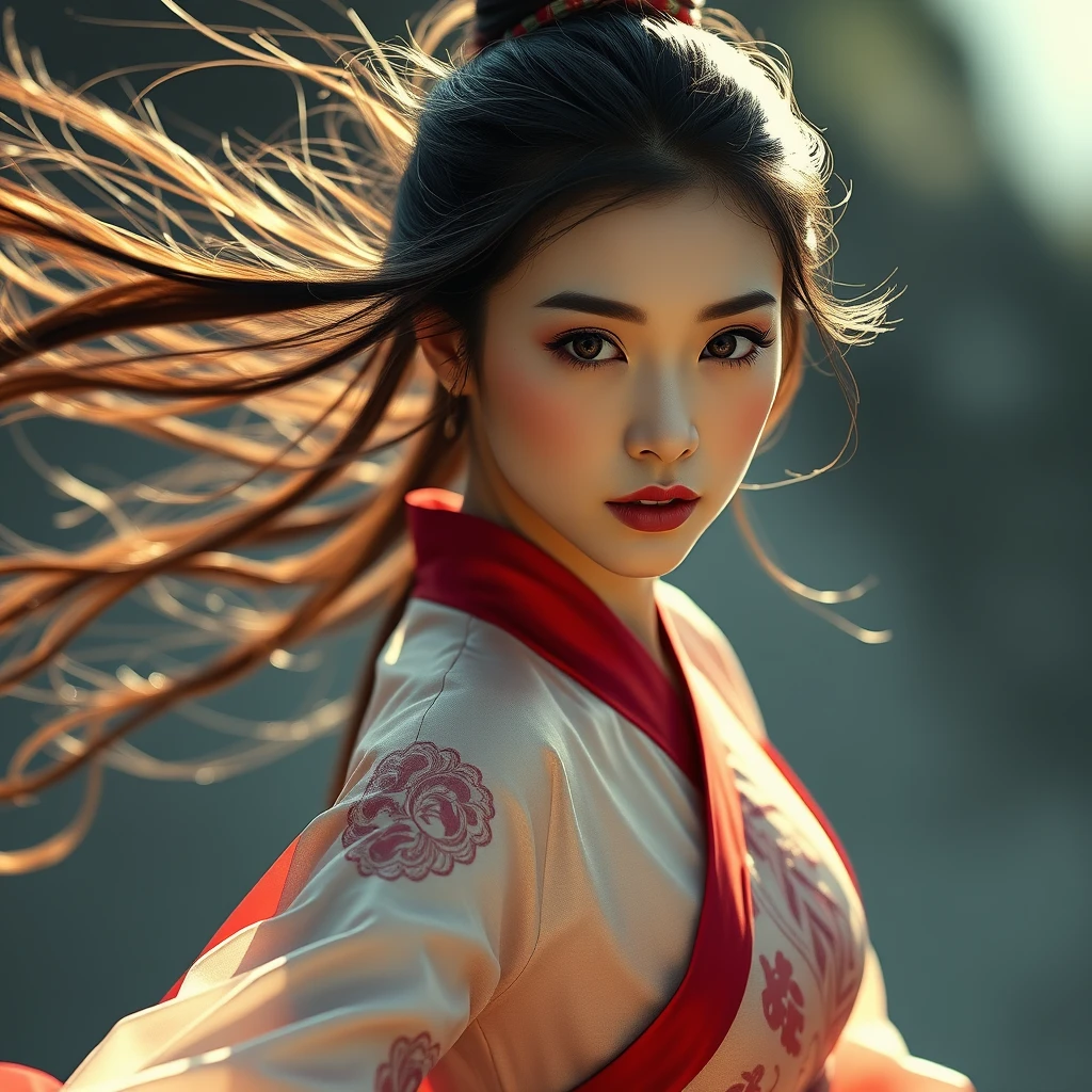 photo, 1girl,a chinese pretty model in hanfu,  sviscerally sexy, makeup, detailed eyes,  hair blowing in the wind, dramatic lighting, dynamic angle movement motion
 - Image