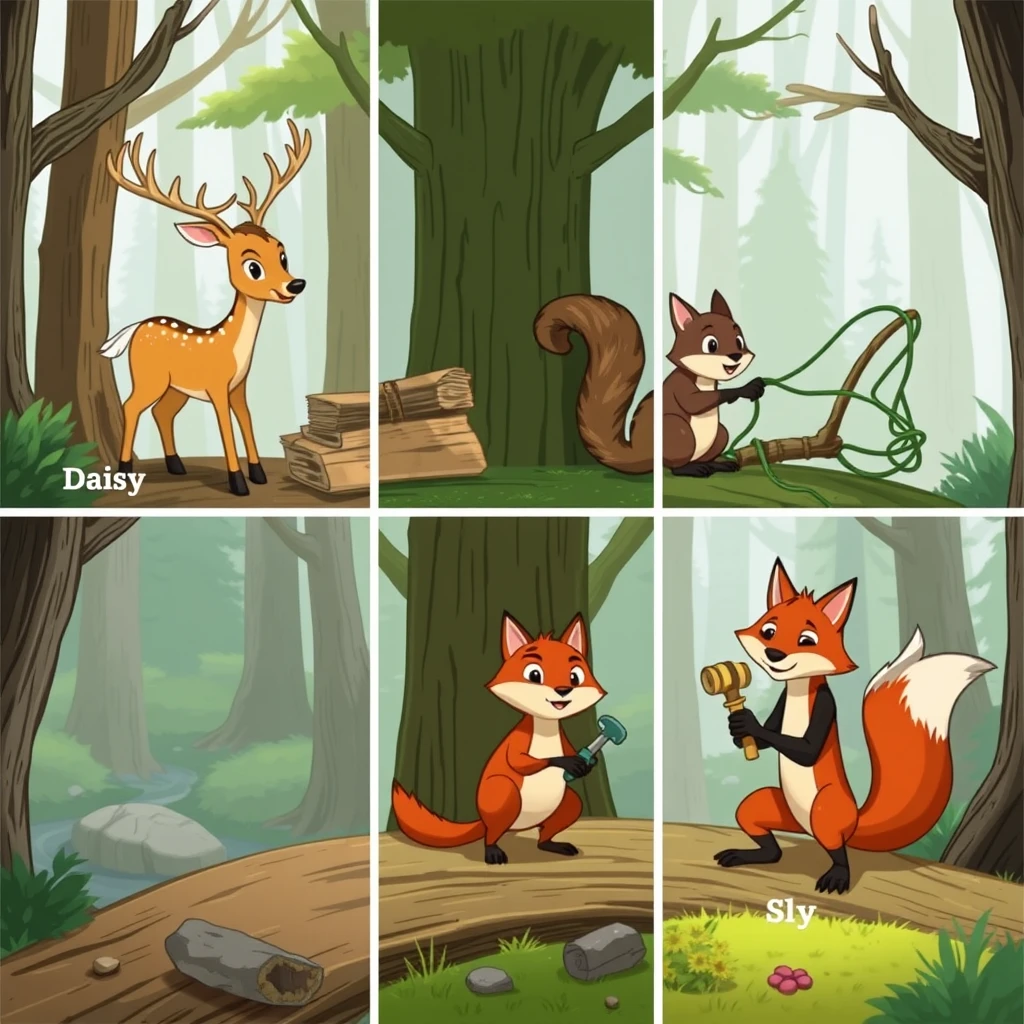 A dynamic split-screen showcasing the forest animals in action: the deer, named Daisy, gathering wood, the squirrel, named Squeaky, securing vines, and the fox, named Sly, using tools, all contributing to the bridge repair. - Image