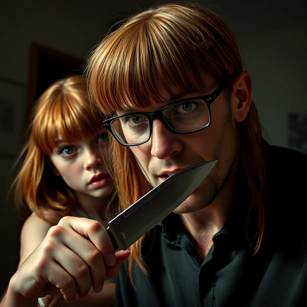 A horror scene; a short, skinny teenage girl with long ginger hair and bangs, green eyes, cutting a tall Italian white man who wears glasses with a knife. - Image