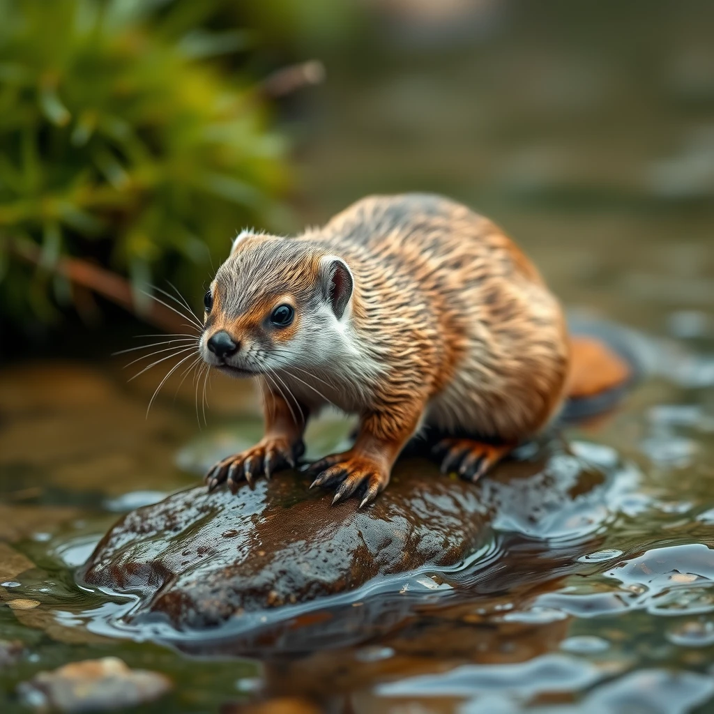 Photorealistic: Weasel on a pebble in the stream.