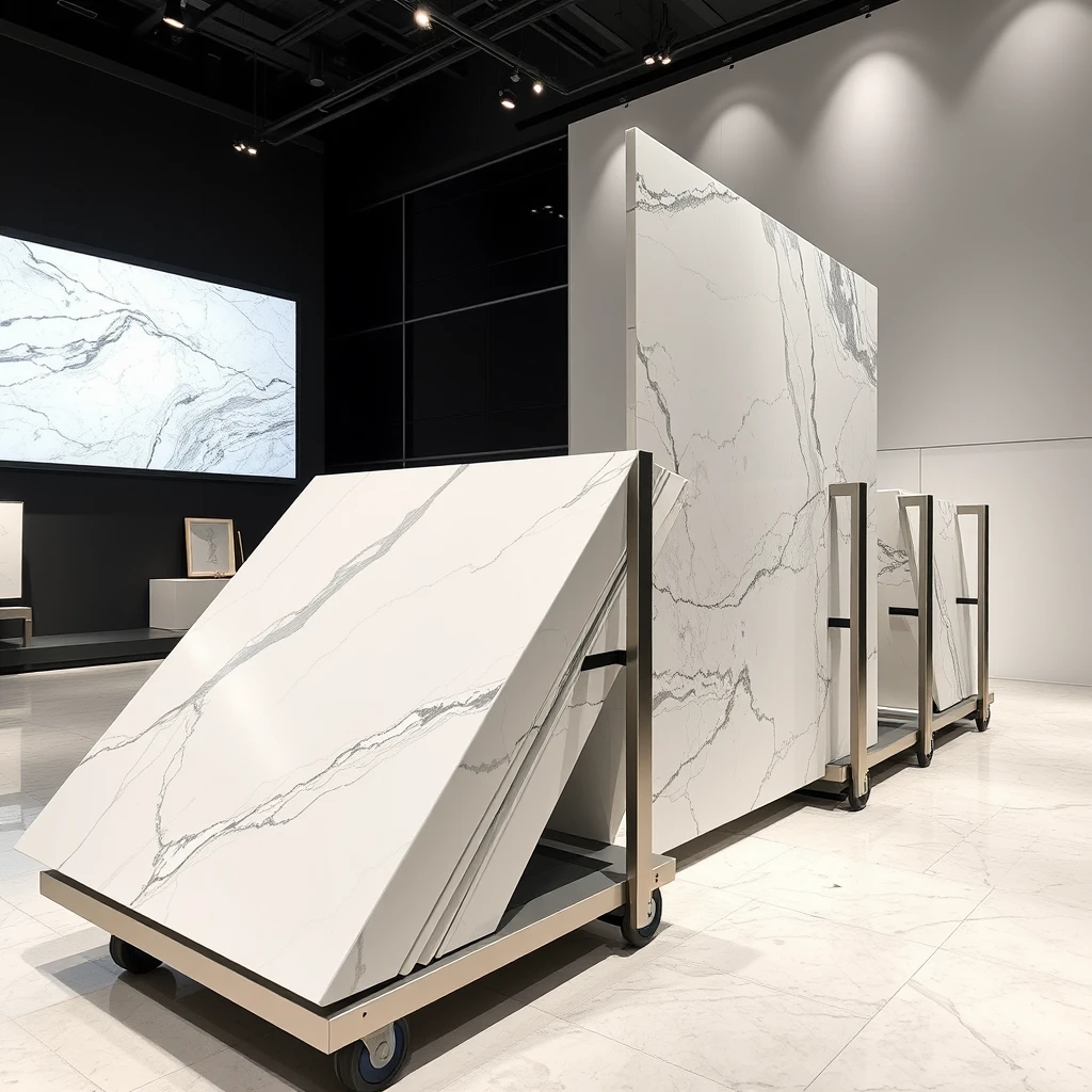 Smart, stylish automated display system that can hold large 4-meter sized, polished marble panels such that the marble panels can be carried on AGVs, plus oriented vertically or horizontally, in automatically folding book match format, for best viewing experience. - Image