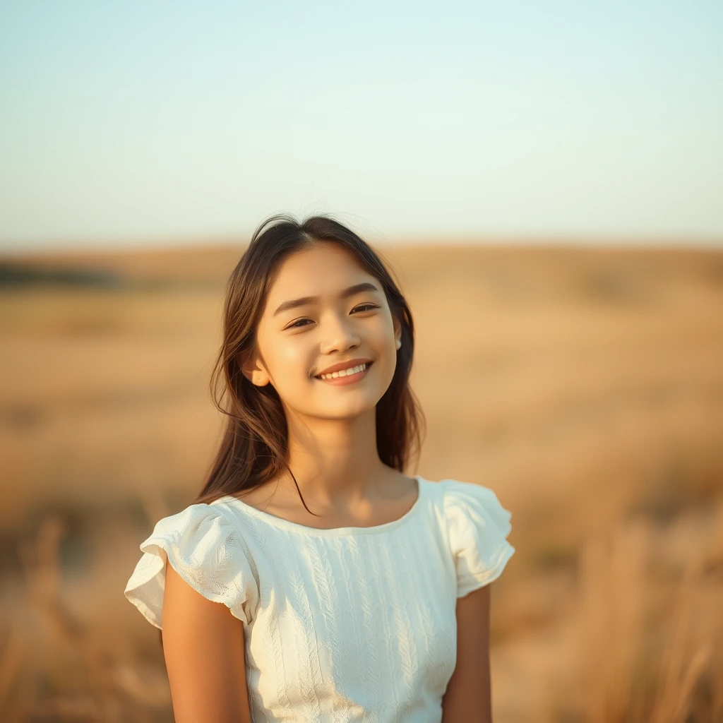 A serene, blissful scene of a young woman in a white dress. The scene feels authentic and unpolished. - Image