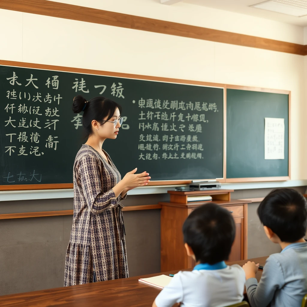 In the classroom, there is a female teacher giving a lesson, with Chinese characters or Japanese language, and ancient poetry written on the blackboard. - Image