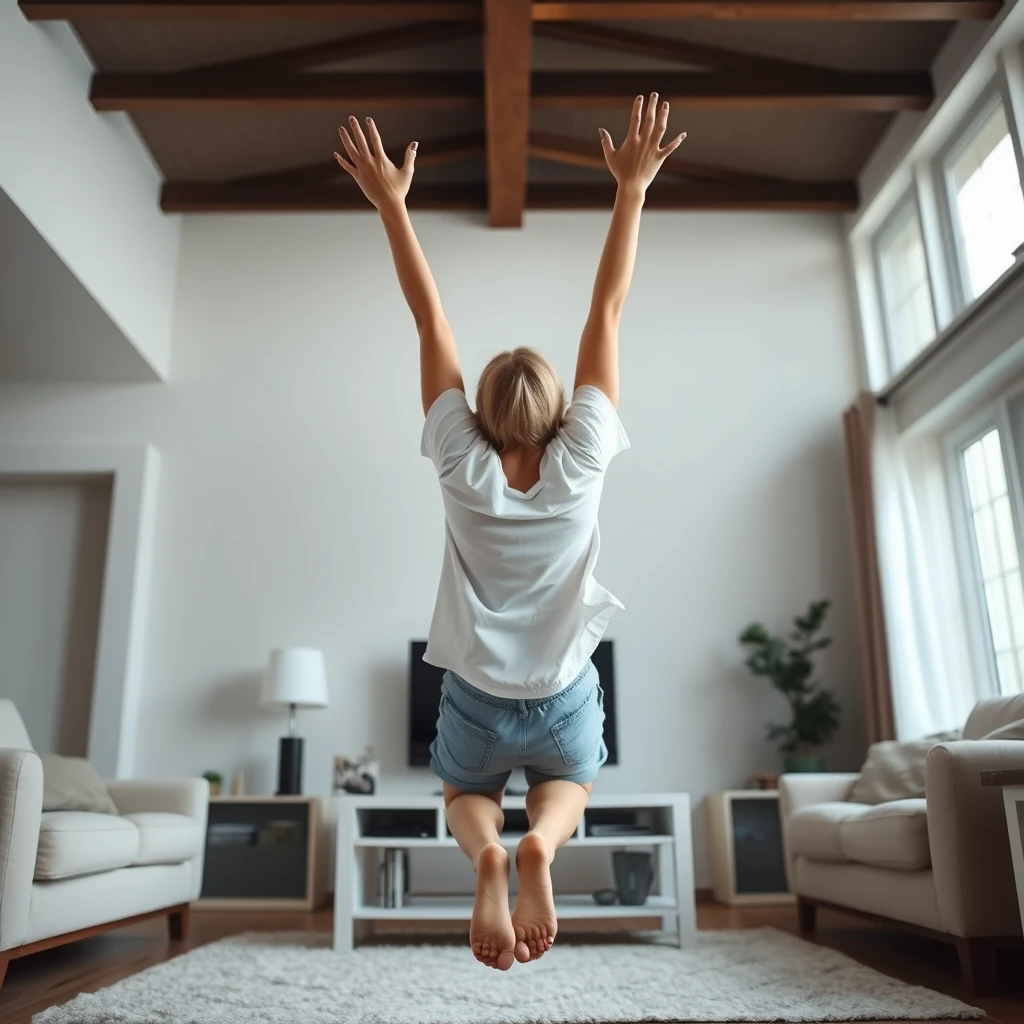 Side view of a slender blonde woman in her spacious living room, wearing a white short-sleeve shirt and light blue denim shorts, barefoot and sockless. She is facing her TV and dives into it, plunging headfirst with her arms raised overhead and both legs lifted in the air, creating the appearance of diving or flying. The lower part of her t-shirt flares out, nearly revealing her chest due to her arms being raised so high, as her arms and face penetrate the TV screen, entering a magical world. - Image