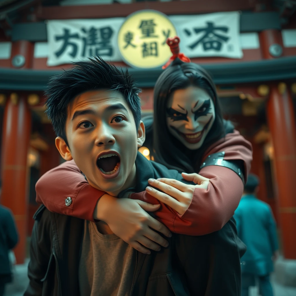 A young Asian man in a jacket at a Japanese shrine, indoors, surprised, screaming, facing the viewer, is suddenly hugged by a beautiful oiran with an evil smile. - Image