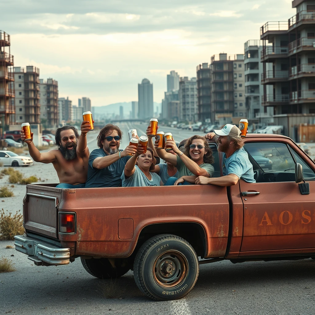 A visually intoxicated bunch of morons riding in the back of a pickup truck, toasting with beer cans. The truck drives through an abandoned city, is very rusty, and has the letters "AOS" printed on the side.