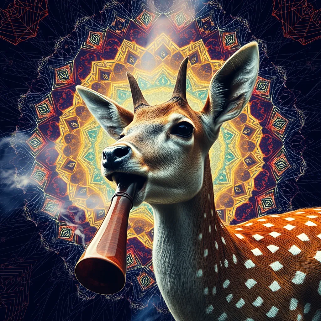 Fawn smoking DMT from a pipe and breaking through to another dimension full of geometric fractal patterns, HD photography.