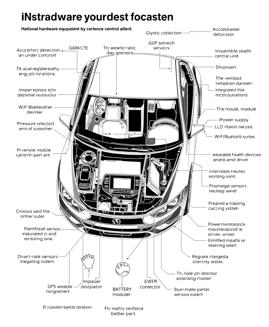 Create a detailed hardware name black and white sketch of a car equipped with an advanced accidental alert system, focusing on the hardware components and their specific installation locations. The microcontroller/processor should be shown mounted under the dashboard or in a central control unit. Illustrate the accident detection sensors, with the accelerometer and gyroscope integrated into the vehicle’s central control unit or under the dashboard, and impact sensors placed at strategic points around the vehicle (front, rear, and sides). Depict the communication modules, including the GSM/LTE module under the dashboard or in the central control unit, and the Wi-Fi/Bluetooth module integrated with the microcontroller. Show the GPS module mounted on the dashboard or integrated into the vehicle’s navigation system. Include the health monitoring devices such as wearable health devices worn by the driver on their wrist, an infrared camera mounted on the dashboard facing the driver, pressure sensors integrated into the steering wheel, and a heart rate monitor embedded in the driver’s seat or steering wheel. Display the power supply with the battery pack mounted in the trunk or under the rear seat. Illustrate the user interface components, including the LCD/TFT display mounted on the dashboard within the driver’s line of sight, a buzzer/alarm integrated into the dashboard, and LED indicators positioned on the dashboard. Show the data storage with the SD card module integrated with the microcontroller/processor. Additionally, depict the necessary wiring connecting all components, running neatly through the vehicle. The sketch should clearly depict the placement of each hardware component within the car, providing a comprehensive visual representation of their integration in the accidental alert system.