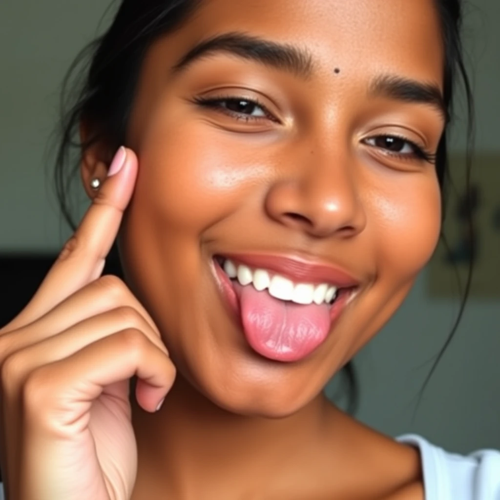 A beautiful 20-year-old sexy woman of South Asian descent has a slightly oily, chubby face with hyperpigmentation. Her skin is subtly uneven and brown. She has a few tiny moles on her face, which are small dots slightly larger than a pencil eraser and are circular. These moles are located near her nostrils, lips, chin, and forehead, with the ones on her forehead being a bit larger. In this picture, she is pointing to a tiny noticeable black dot near her lips and nostrils with her index finger, wearing a neutral expression. She has no makeup on, and her hair is tied back. She is smiling, sticking her tongue out, and winking as she points. - Image