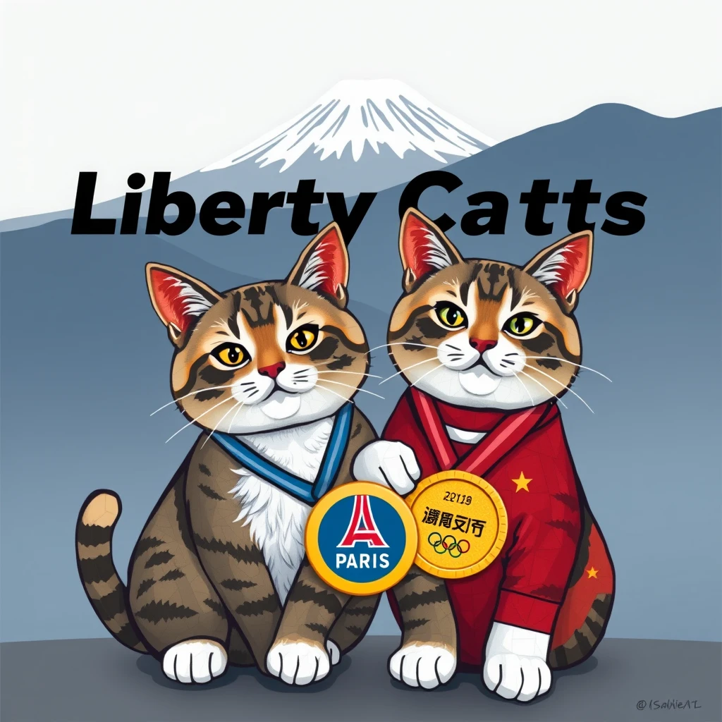 draw a pic with "Liberty Cats Congratulations chinese athletes " big text on the Mount Fuji backgroud,AND tow mosaic style cats  in front it together , carring a Paris Olympic gold medal  logo with text "Liberty Cats"
