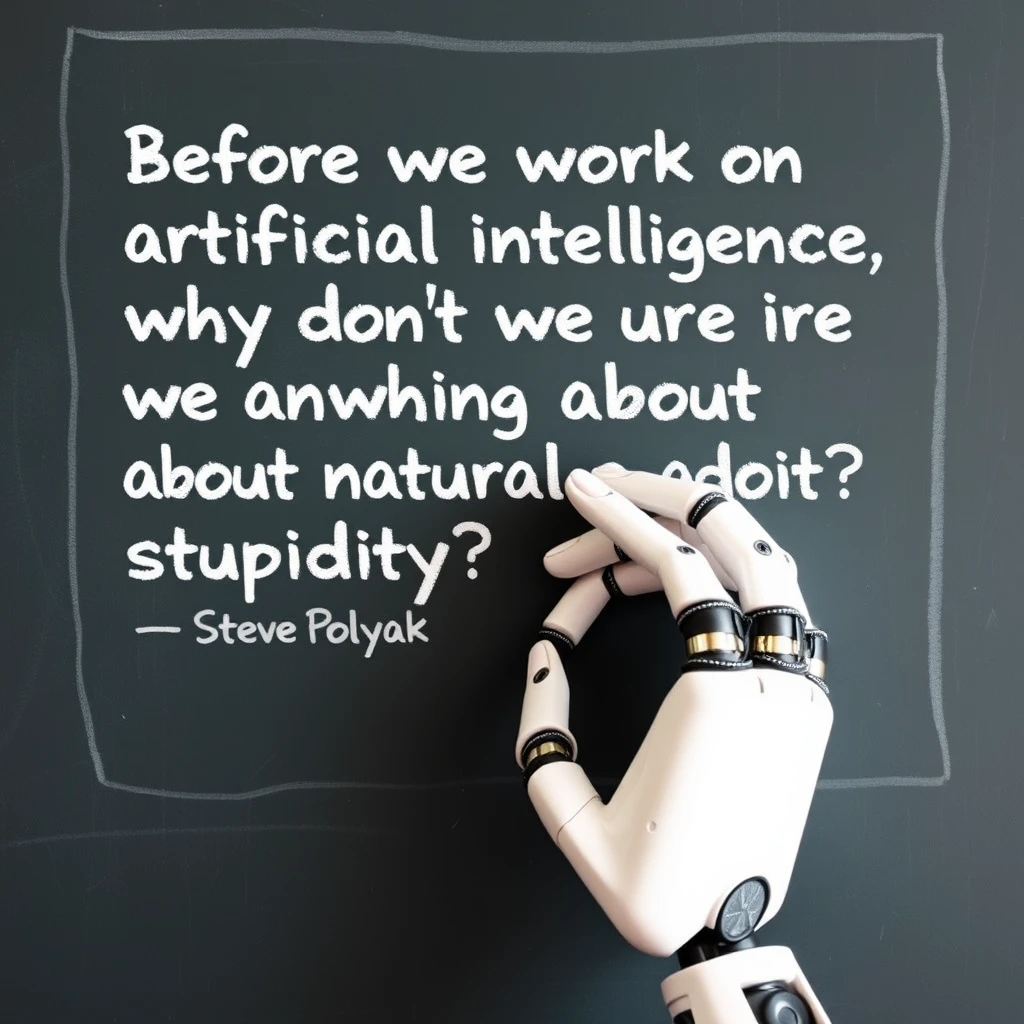 A robotic hand holding a piece of chalk writing with that piece of chalk on a chalkboard with writing on it that says “Before we work on artificial intelligence why don’t we do something about natural stupidity?”

—Steve Polyak, on a classroom style chalkboard