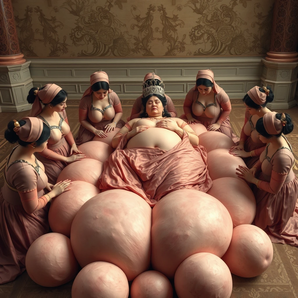 A group of palace maids knelt and formed a bed of flesh with their large breasts and bellies, while the plump empress lay on top to rest.