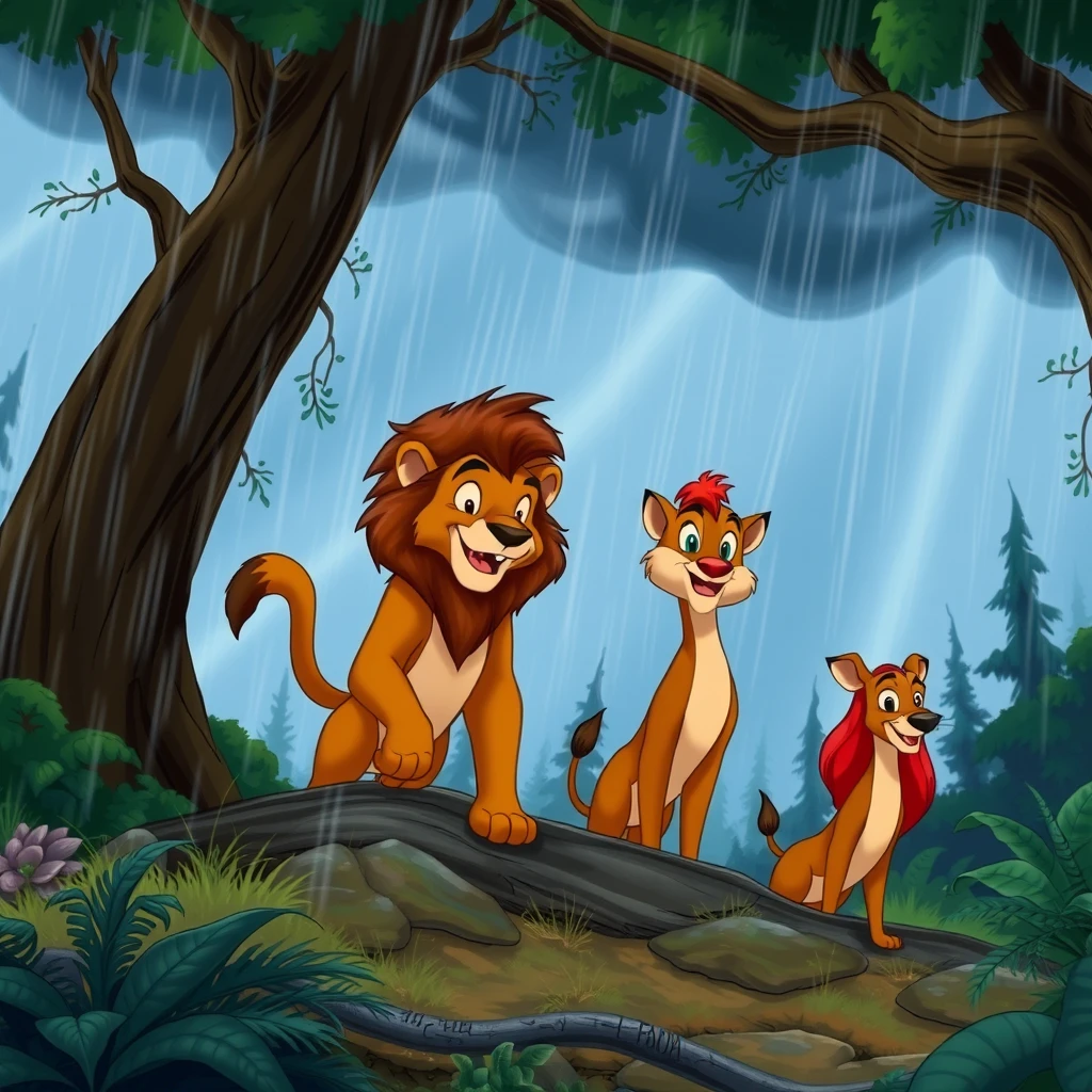 The forest animals, led by Leo, work together in a spirited montage against a backdrop of a Disney-style storm, their determination unwavering. - Image