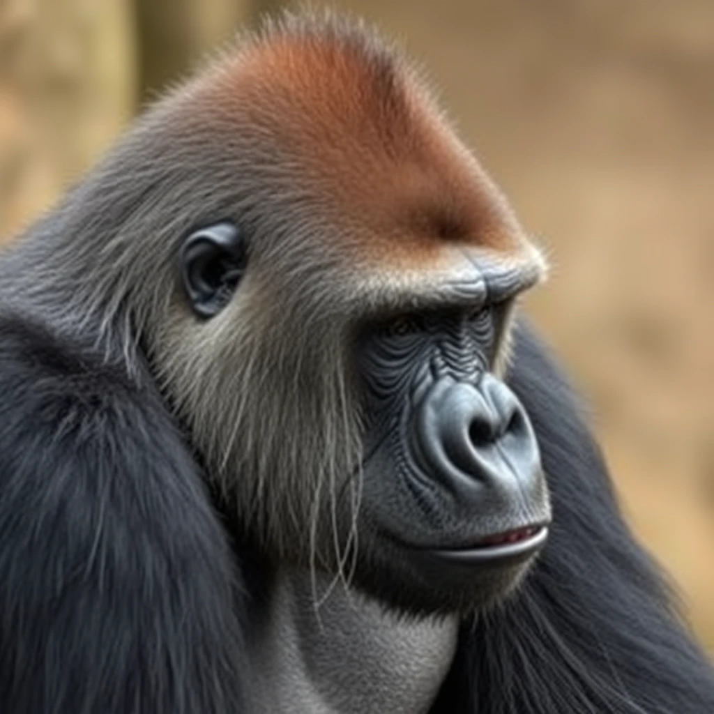 gorilla, close up, human haircut, shaved side