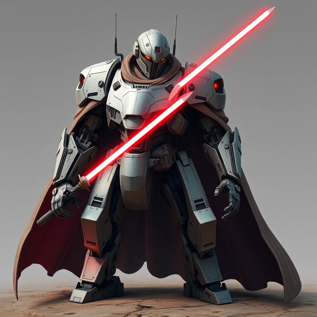 "Mecha, exoskeleton, wearing a cloak, holding a laser sword."