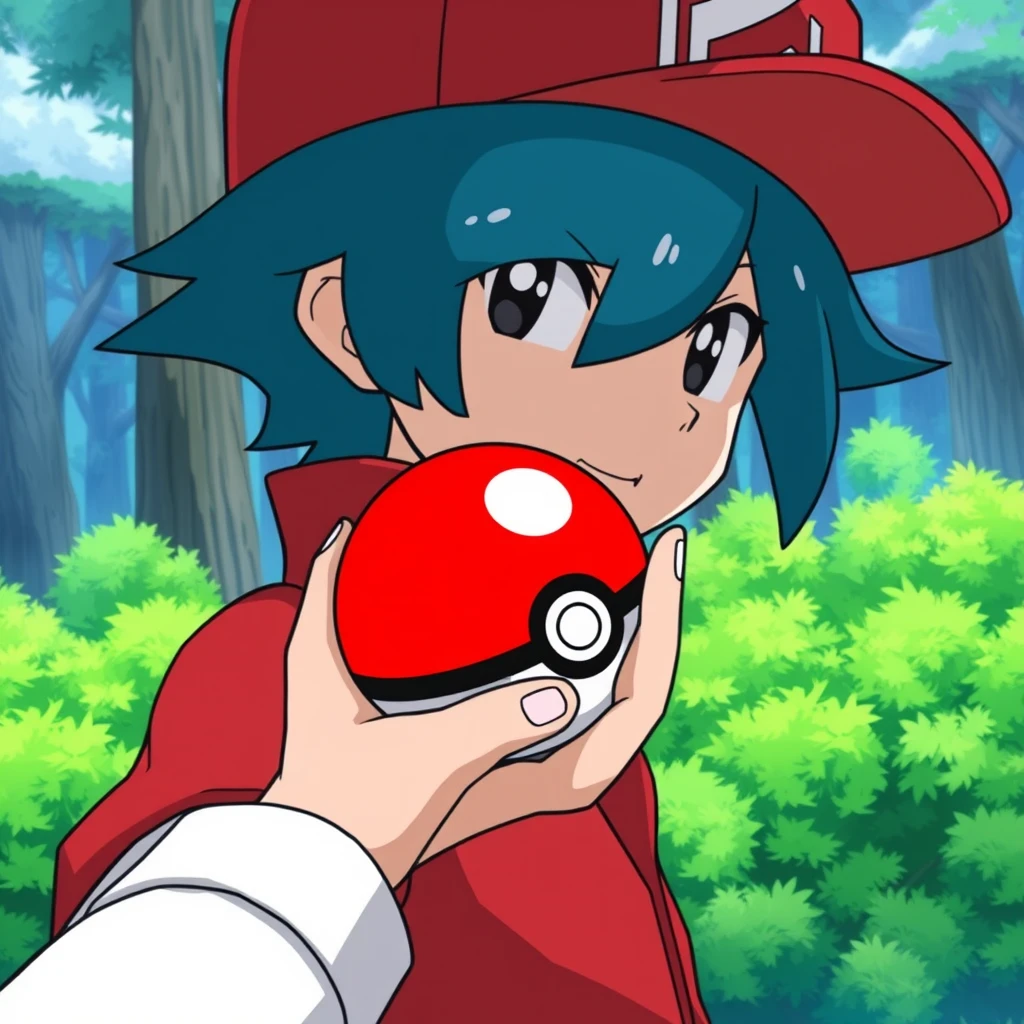 Anime art style, Pokemon trainer Red, hand holding Pokeball, green forest background.