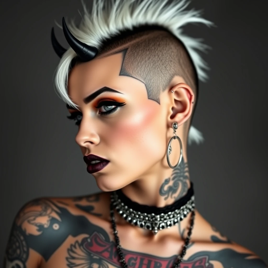 black woman, demon, side shave, shaved head, white mohawk, nose rings, multiple earrings, extreme piercings, extreme tattoos - Image