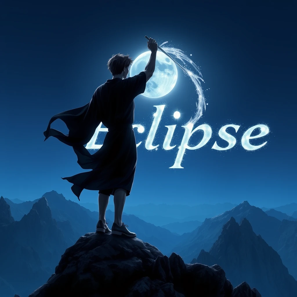 Setting: The peak of a craggy, windswept mountain, bathed in the cool, ethereal glow of a full moon. The jagged silhouette of the mountain range cuts against the inky blue night sky.  
Character: A young man, perhaps in his late teens or early twenties, with short, windblown hair. He stands with his back to the viewer, atop the highest peak, draped in a flowing dark robe that billows in the mountain wind. He holds his right arm raised, wielding a staff that emits a vibrant, otherworldly glow.  
Action and Effect: The staff erupts with magical energy, forming a colossal, swirling inscription of the word "Eclipse" across the entire night sky. The letters are formed of shimmering, ethereal light, their edges slightly blurred and wavering as if caught in a celestial vortex. Surrounding the word, faint, shimmering particles drift and dance, adding to the otherworldly spectacle.  
Lighting: The scene is primarily illuminated by the cool, silvery light of the full moon. The magical inscription provides its own internal illumination, casting an eerie glow on the surrounding landscape and the back of the young wizard.  
Camera Angle: A low angle shot, looking up towards the wizard and the massive, swirling word above him, emphasizing the sheer scale and power of the magic being unleashed.  
Style: Realistic long-lens cinematography, capturing the vastness and isolation of the mountain peak and the immensity of the magical display. The focus is on the raw power and beauty of the scene, with a touch of mystery surrounding the young wizard.