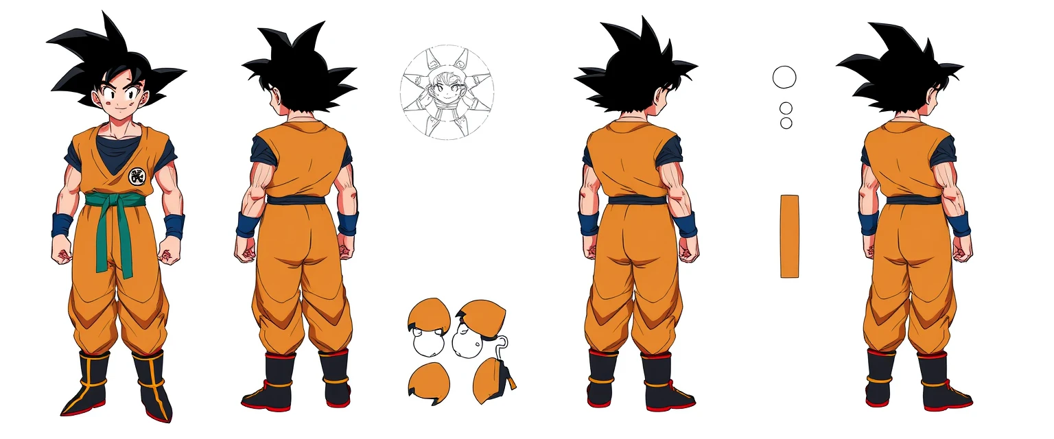 Character Design Sheet, Son Goku, character reference sheet, 3 multiview: front view and from behind view and side view, colorfully, plain.