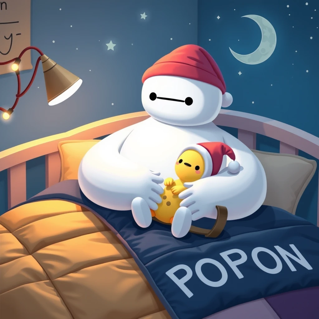 Baymax at night with a colored nightcap, cuddling and rocking a cute tiny yellow kawaii hatchling with a nightcap in the biggest fantastic cute kawaii bed in the world with the word POPON sewn on the patchworked padding.