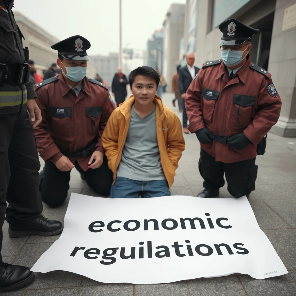 A Chinese young man was arrested by two policemen; there is a big paper on the ground that says: "economic regulations". - Image