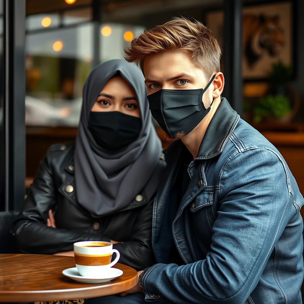 Jamie Dornan's head and body shot, handsome, face mask black, blue jeans jacket, jeans, dating with a grey hijab Muslim girl, beautiful eyes, face mask black, black leather jacket, biggest tiger pattern skirt, at cafe, cup of espresso, photorealistic.