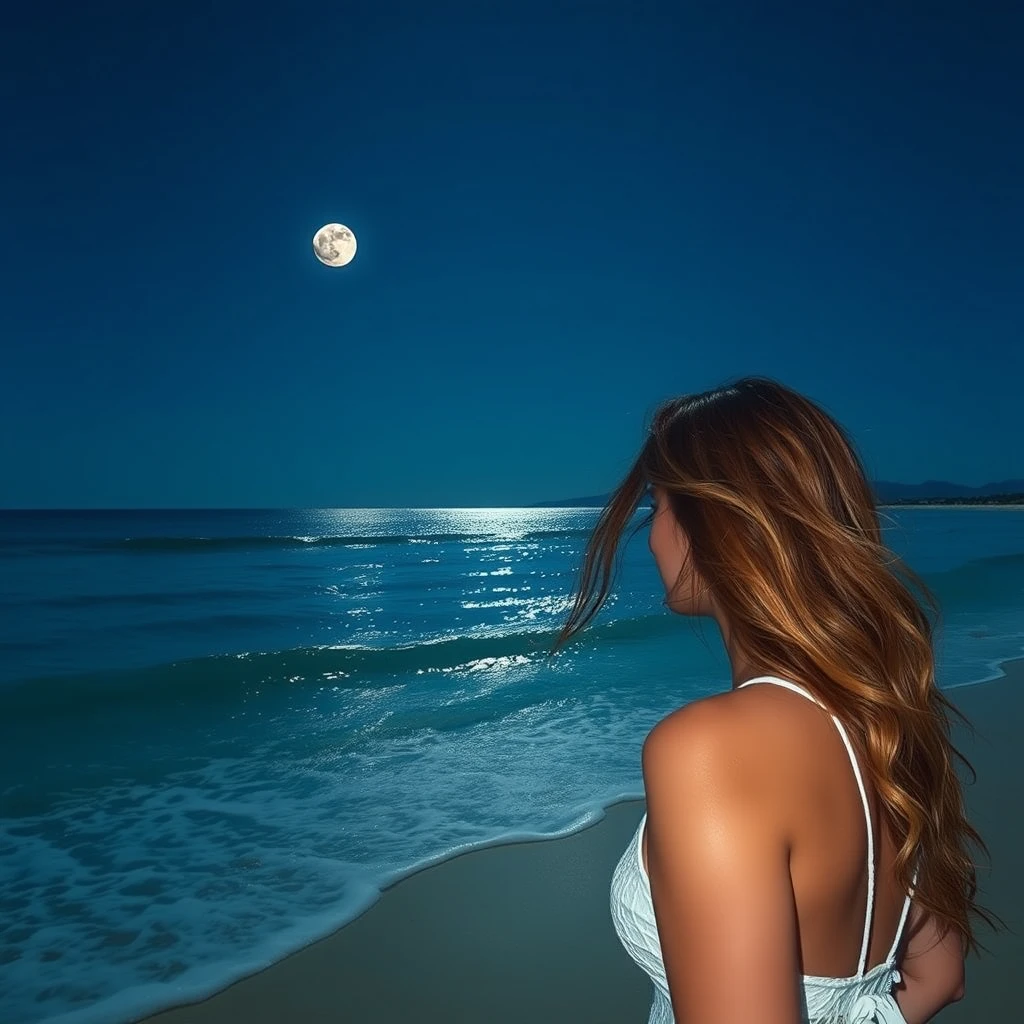 Beach, moon, beautiful woman.