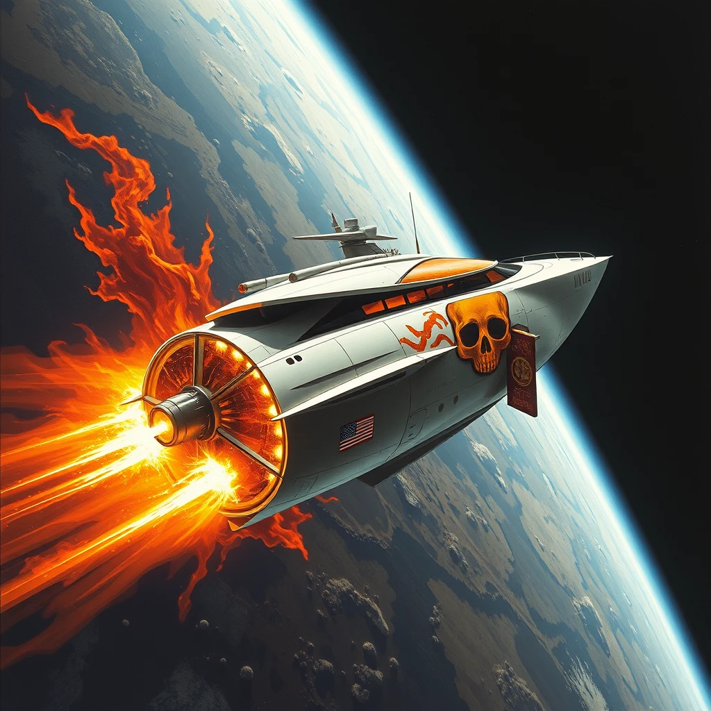 Near wide shot, a space-yacht concept, in low earth orbit, a painting by Syd Mead, sleek, futuristic, a full-length mural depicting a flaming skull decorates the side, scorched paint, blast marks. - Image