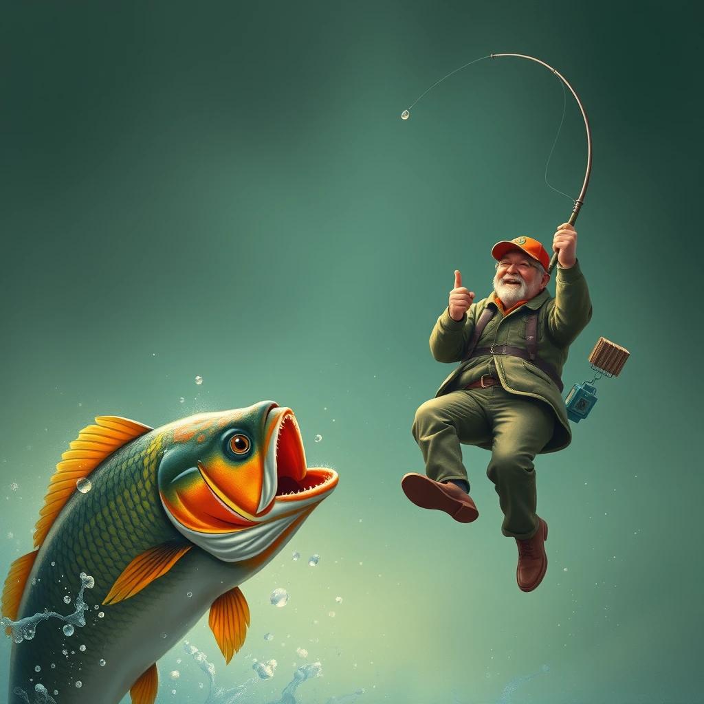 A fish laughing at a fisherman falling. - Image