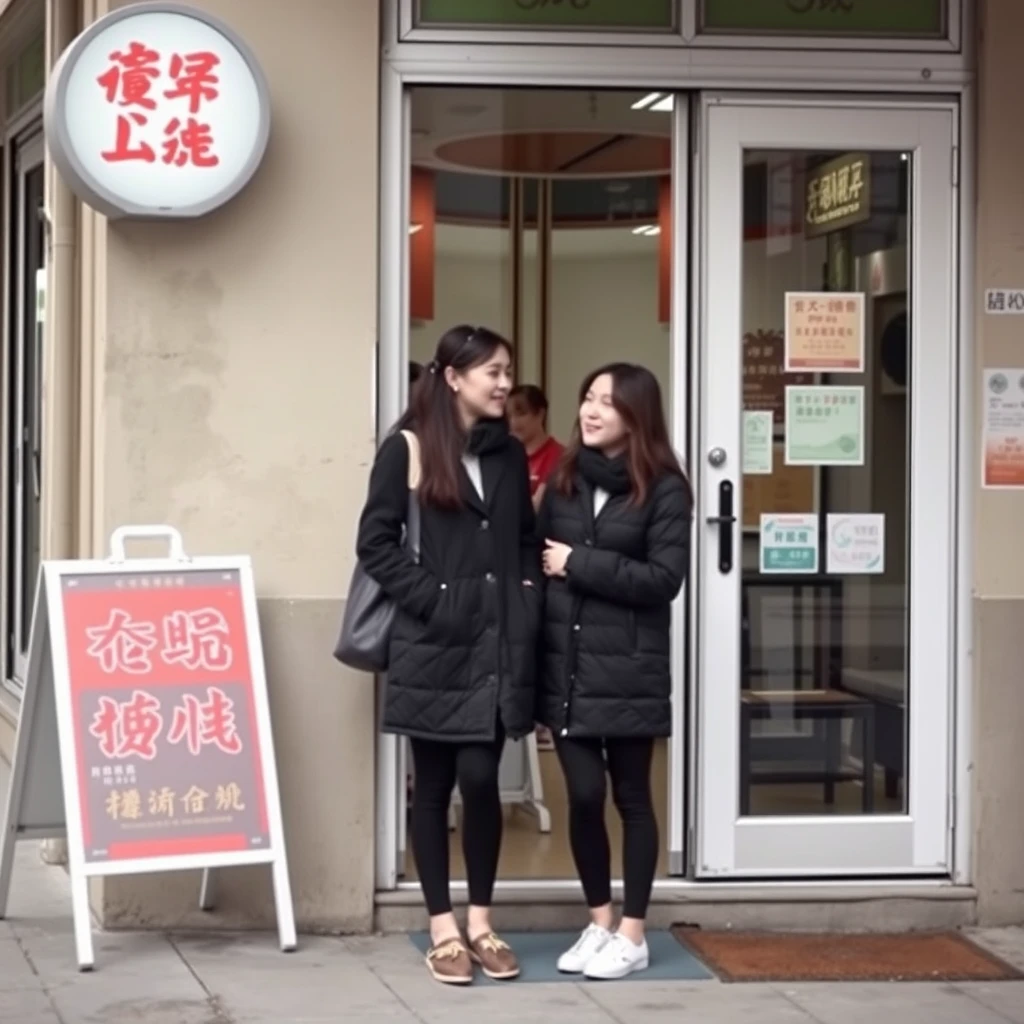 Two young women are chatting outside a restaurant, you can see their shoes, and there is a sign outside the restaurant with clear Chinese characters on it.