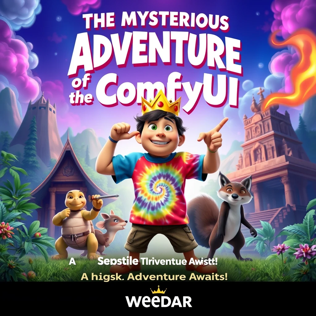 Title: Display the title "The Mysterious Adventure of the ComfyUI" in bold and playful text at the top or center of the poster.  
Main Character: Depict a dynamic and charismatic pose, wearing a tie-dye t-shirt with a crown.  
Background: Include a colorful and exciting backdrop with elements like a mystical forest, a cannabis farm, and an ancient temple to hint at various adventures. Ensure the background is vibrant and engaging.  
Supporting Characters: Add a few quirky and fun supporting characters such as a wise old turtle, a mischievous squirrel sidekick, and a villainous fox.  
Weedar Branding: Incorporate the crown logo at the bottom or top of the poster to establish it as an official crown movie.  
Tagline: Include a tagline that reads: "A high risk Adventure Awaits!" prominently on the poster.  
Visual Style: Ensure the overall visual style is consistent with Pixar’s signature animation look – bright colors, expressive characters, and a touch of whimsy.