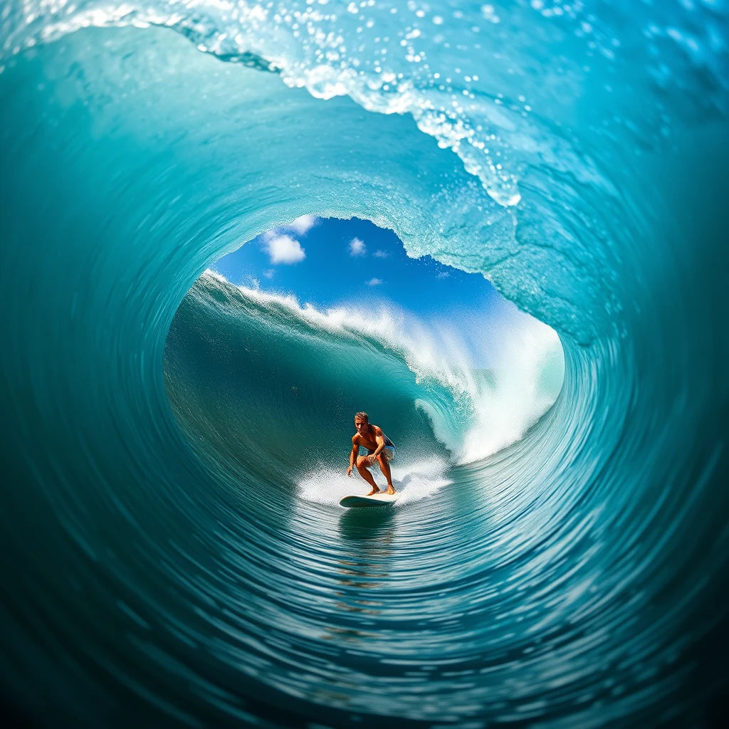 A man riding a wave on top of a surfboard, a picture, by Matt Stewart, Shutterstock, realism, surfing a barrel wave, vertical wallpaper, very clear picture, portal opening, paradise, fully functional, in front of a round, professional shot, bulli, mix, standing on surfboards, full length shot, bottom angle, rips, wallpapers. - Image