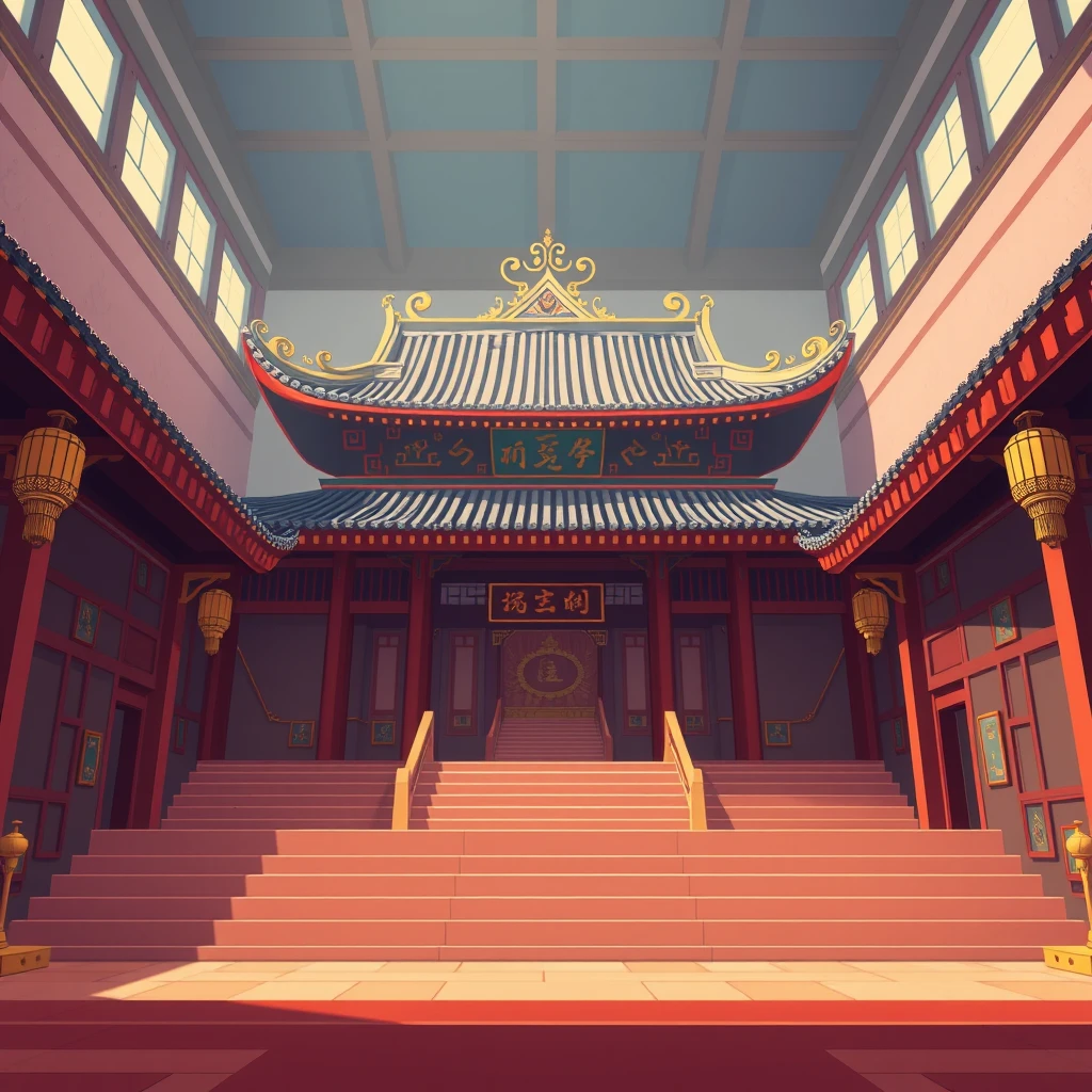 Cartoon style, minimalism, Japanese animation, high-definition 4k, rich details, indoor, Chinese architecture, hall, palace, Buddhist temple, sacred, steps, hall, golden jade brilliance.