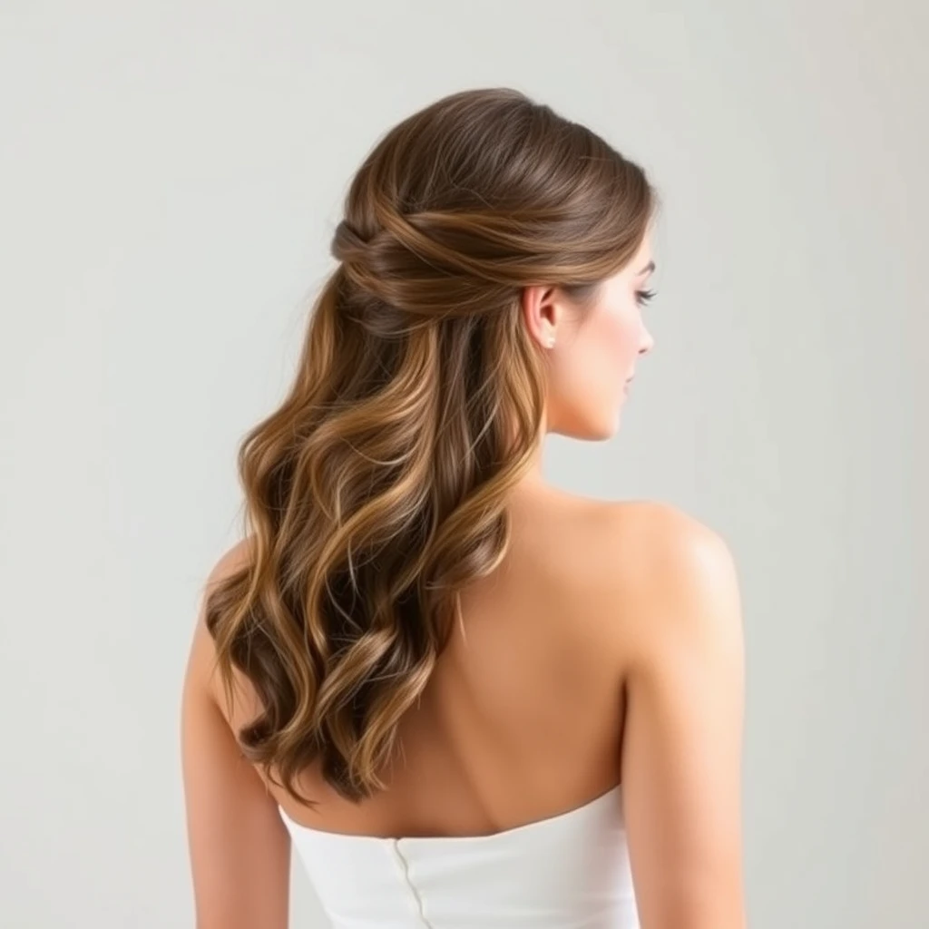 The image features a woman with her hair styled in loose waves, wearing a strapless white dress against a neutral background.